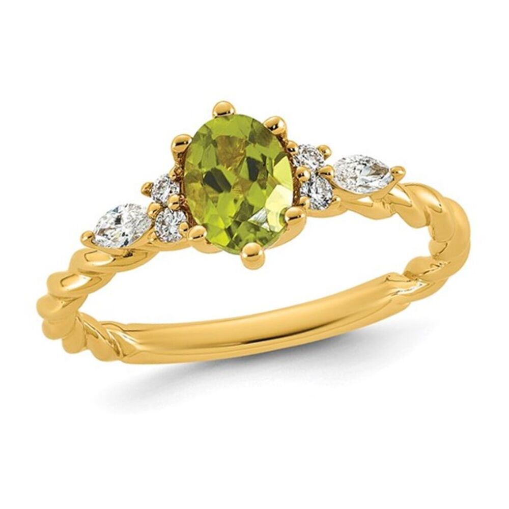 7/8 Carat (ctw) Oval Peridot Ring 14K Yellow Gold with Lab-Grown Diamonds
